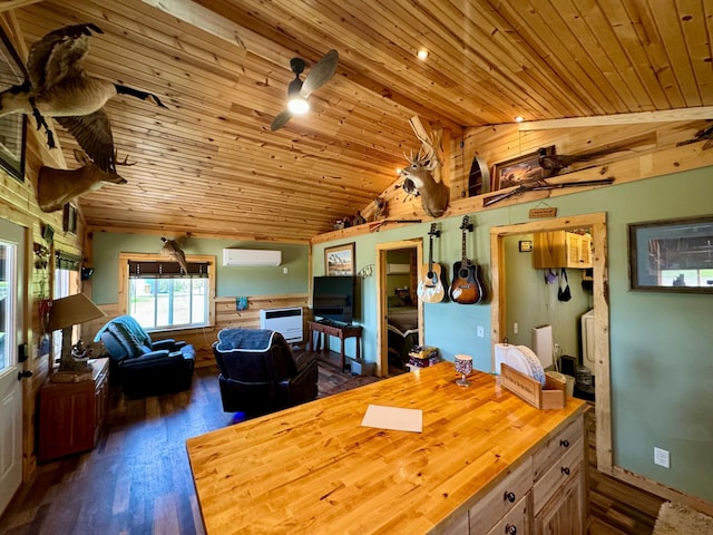 13739 429th Ave, Webster, SD 57274 - dining area with vaulted ceiling, an AC wall unit, wood ceiling, dark wood-style flooring, and ceiling fan