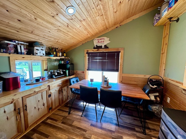 13739 429th Ave, Webster, SD 57274 - dining space featuring vaulted ceiling, a wainscoted wall, wood ceiling, wooden walls, and wood finished floors