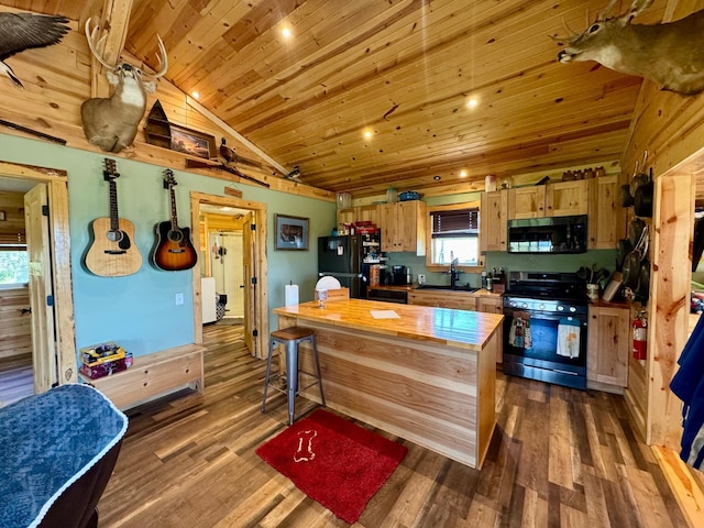 13739 429th Ave, Webster, SD 57274 - kitchen with black appliances, wooden ceiling, vaulted ceiling, a sink, and dark wood-style flooring