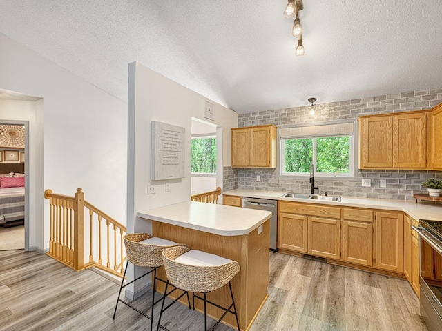 kitchen with appliances with stainless steel finishes, a sink, light wood finished floors, backsplash, and a textured ceiling