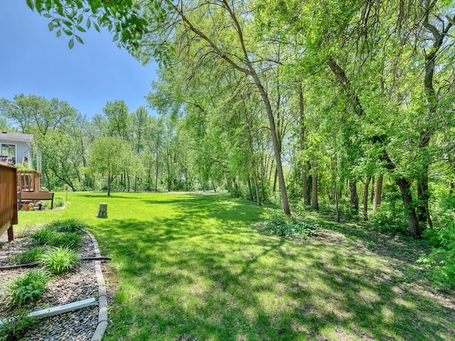 view of green lawn with a deck