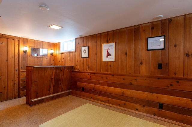 below grade area with wood walls and light flooring