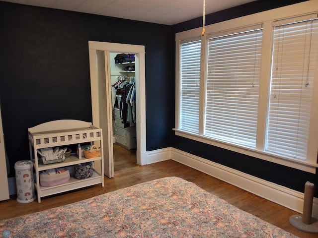 bedroom featuring wood finished floors, a spacious closet, a closet, and baseboards