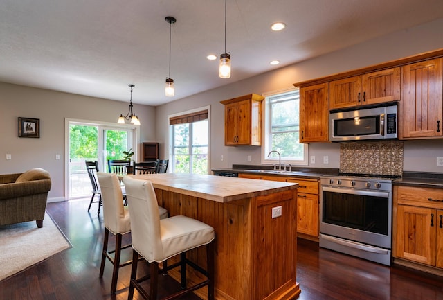 721 Quail Pkwy, Watertown, MN 55388 - kitchen featuring stainless steel appliances, a sink, butcher block counters, recessed lighting, and dark wood-style flooring