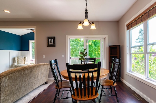 721 Quail Pkwy, Watertown, MN 55388 - dining area featuring dark wood-style floors, recessed lighting, baseboards, a ceiling fan, and a chandelier