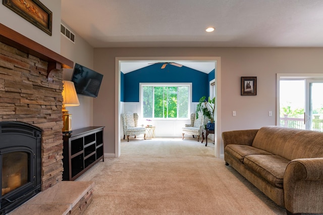 721 Quail Pkwy, Watertown, MN 55388 - living room featuring carpet, lofted ceiling, ceiling fan, recessed lighting, and baseboards