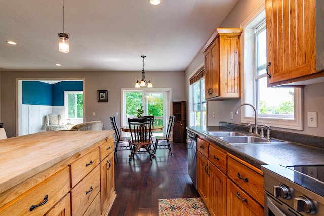 721 Quail Pkwy, Watertown, MN 55388 - kitchen featuring a sink, butcher block counters, dishwasher, dark wood finished floors, and hanging light fixtures