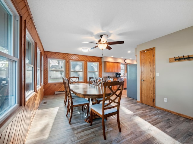 28604 Shore Dr, Starbuck, MN 56381 - dining room featuring plenty of natural light, ceiling fan, light wood-type flooring, wooden walls, and baseboards