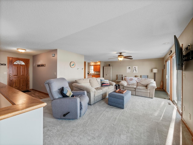 28604 Shore Dr, Starbuck, MN 56381 - living room featuring carpet floors, ceiling fan, and a textured ceiling
