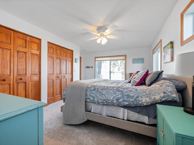 28604 Shore Dr, Starbuck, MN 56381 - carpeted bedroom with multiple closets, ceiling fan, and a textured ceiling