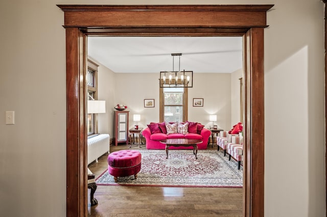 living room featuring wood finished floors, a chandelier, and radiator heating unit