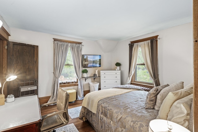 bedroom featuring multiple windows and dark wood-style floors