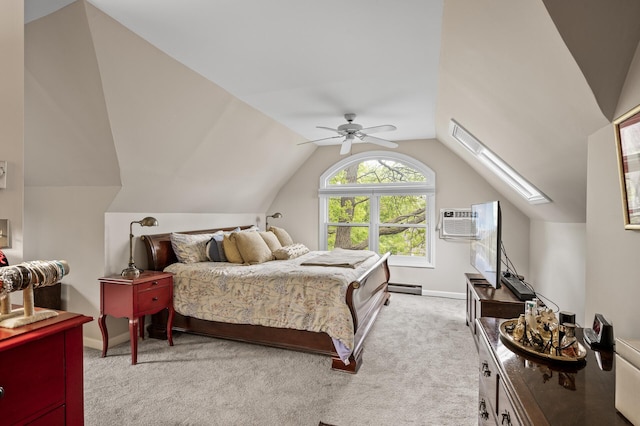 bedroom with light carpet, lofted ceiling, a baseboard heating unit, baseboards, and ceiling fan