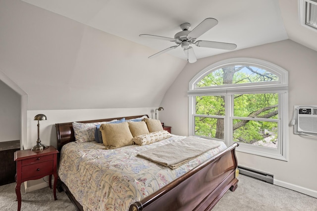 bedroom featuring a baseboard heating unit, lofted ceiling, carpet floors, ceiling fan, and baseboards