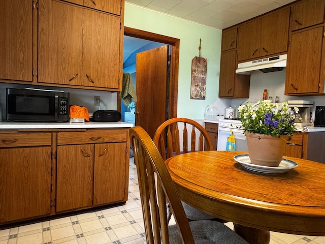208 Cush St, Jackson, MN 56143 - kitchen featuring black microwave, under cabinet range hood, light countertops, and brown cabinetry