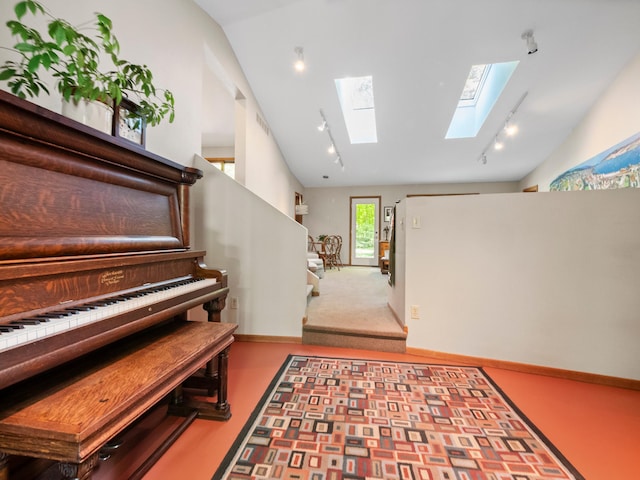 2536 Sandhill Ln NE, Carlos Twp, MN 56308 - corridor featuring a skylight, rail lighting, stairs, carpet floors, and vaulted ceiling
