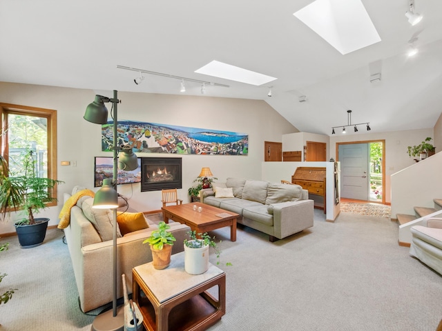 2536 Sandhill Ln NE, Carlos Twp, MN 56308 - living area featuring track lighting, a skylight, light carpet, and vaulted ceiling