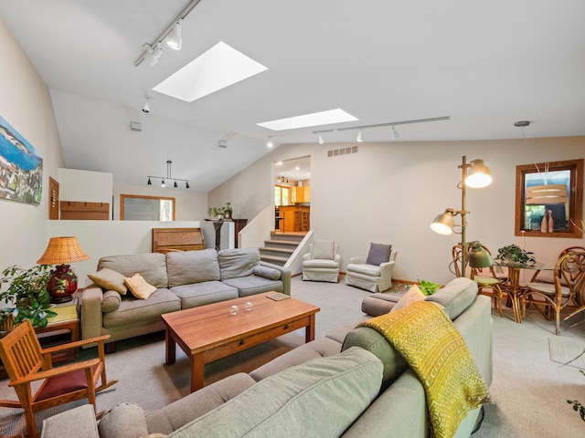 2536 Sandhill Ln NE, Carlos Twp, MN 56308 - carpeted living room with rail lighting, a skylight, and lofted ceiling