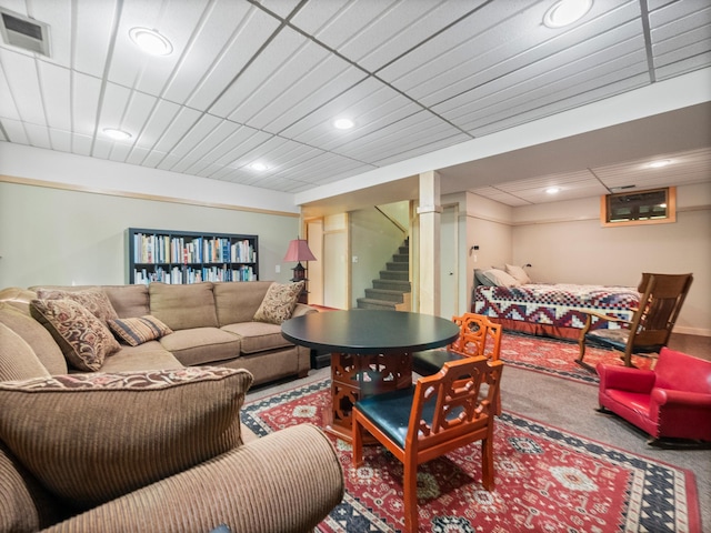 2536 Sandhill Ln NE, Carlos Twp, MN 56308 - carpeted living room with stairway and recessed lighting