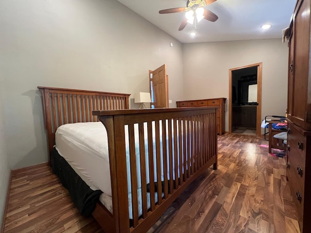 34373 State Highway 7, Foster Twp, MN 56225 - bedroom featuring wood finished floors, vaulted ceiling, ensuite bathroom, recessed lighting, and a ceiling fan