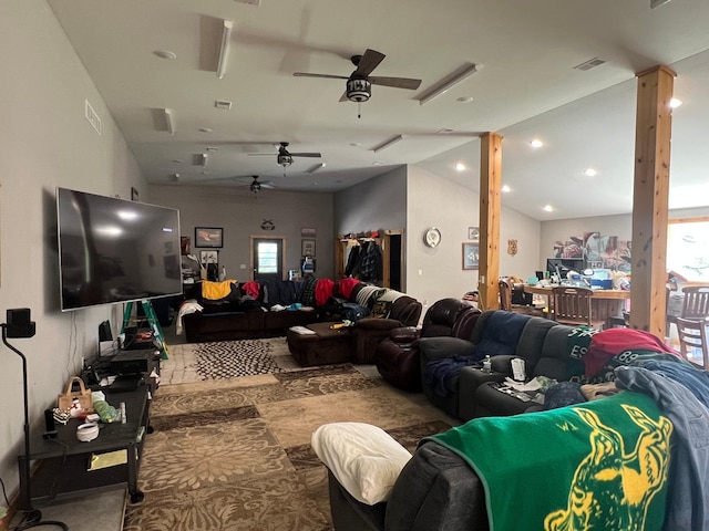 34373 State Highway 7, Foster Twp, MN 56225 - living area featuring a ceiling fan, ornate columns, and lofted ceiling