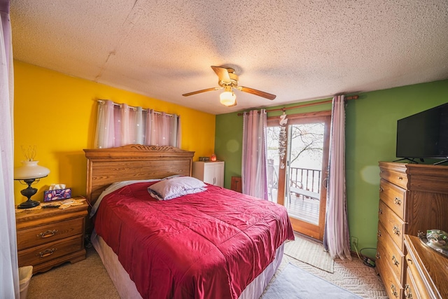 46568 Poss Beach Rd, Dunn Twp, MN 56572 - bedroom with access to outside, light colored carpet, a ceiling fan, and a textured ceiling