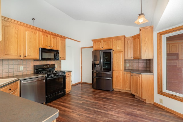 12761 Ethelton Way, Apple Valley, MN 55124 - kitchen with black appliances, backsplash, dark wood-type flooring, dark countertops, and high vaulted ceiling