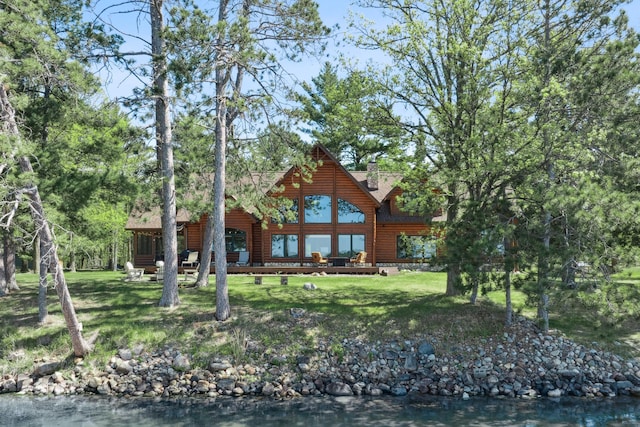 41849 Birchwood Dr, Emily, MN 56447 - rear view of property with a lawn, a deck, and log veneer siding