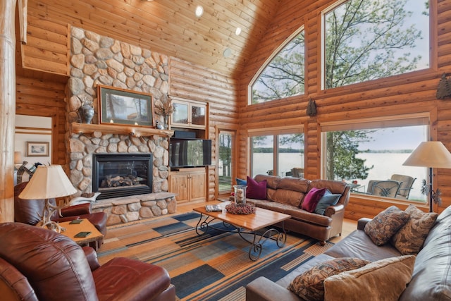41849 Birchwood Dr, Emily, MN 56447 - living room with a high ceiling, rustic walls, and a fireplace