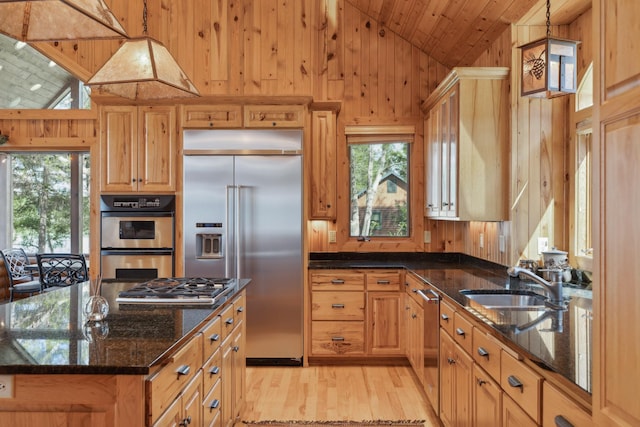 41849 Birchwood Dr, Emily, MN 56447 - kitchen featuring lofted ceiling, appliances with stainless steel finishes, a sink, wooden walls, and light wood-type flooring