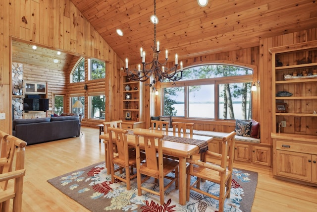 41849 Birchwood Dr, Emily, MN 56447 - dining room featuring high vaulted ceiling, a chandelier, wooden ceiling, light wood-type flooring, and log walls