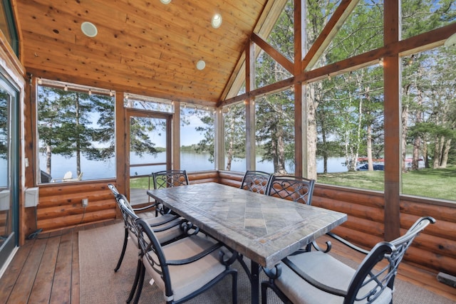 41849 Birchwood Dr, Emily, MN 56447 - sunroom / solarium featuring a water view and vaulted ceiling