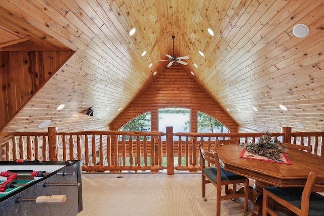 41849 Birchwood Dr, Emily, MN 56447 - recreation room featuring a ceiling fan, carpet flooring, high vaulted ceiling, and wood ceiling