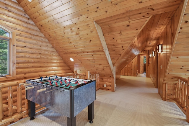 41849 Birchwood Dr, Emily, MN 56447 - recreation room with rustic walls, carpet floors, wooden ceiling, and lofted ceiling