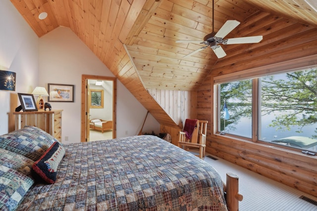 41849 Birchwood Dr, Emily, MN 56447 - carpeted bedroom with vaulted ceiling, wood ceiling, and a ceiling fan