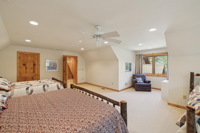 41849 Birchwood Dr, Emily, MN 56447 - carpeted bedroom with lofted ceiling, recessed lighting, baseboards, and a ceiling fan