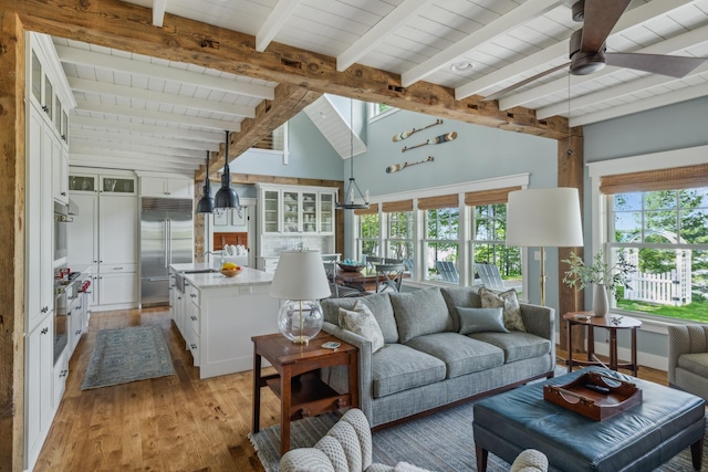 6024 Ojibwa Rd, Brainerd, MN 56401 - living room featuring a ceiling fan, light wood finished floors, and wooden ceiling