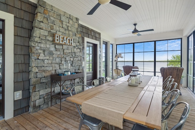 6024 Ojibwa Rd, Brainerd, MN 56401 - dining area with ceiling fan, hardwood / wood-style flooring, a water view, healthy amount of natural light, and wood ceiling