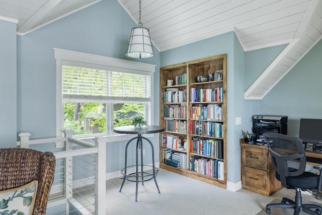 6024 Ojibwa Rd, Brainerd, MN 56401 - carpeted home office with lofted ceiling and wooden ceiling