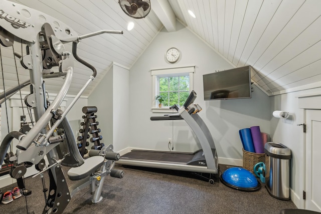 6024 Ojibwa Rd, Brainerd, MN 56401 - exercise room featuring baseboards, vaulted ceiling, and wood ceiling