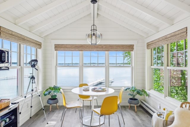 6024 Ojibwa Rd, Brainerd, MN 56401 - sunroom with wood finished floors, a water view, a baseboard heating unit, and wooden ceiling