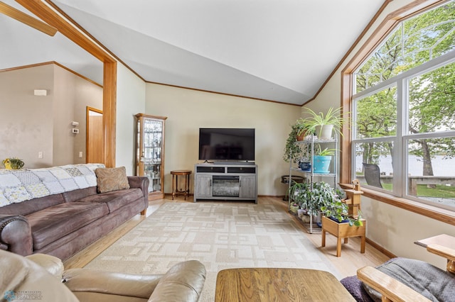 45642 Devils Lake Rd, Edna Twp, MN 56573 - living room featuring lofted ceiling, baseboards, and light wood-type flooring