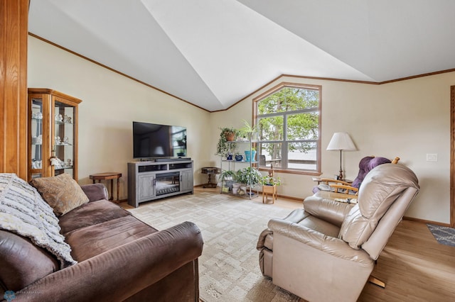45642 Devils Lake Rd, Edna Twp, MN 56573 - living area featuring baseboards, light wood-style floors, vaulted ceiling, and crown molding