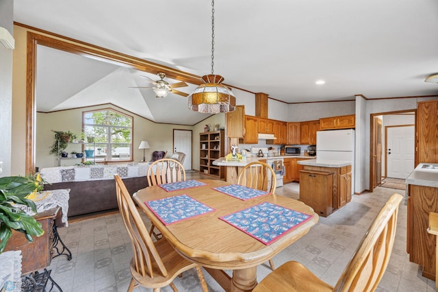 45642 Devils Lake Rd, Edna Twp, MN 56573 - dining room with a ceiling fan, vaulted ceiling, and light floors