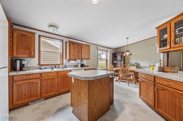 45642 Devils Lake Rd, Edna Twp, MN 56573 - kitchen with ornamental molding, a sink, light floors, brown cabinetry, and light countertops