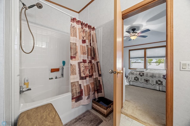 45642 Devils Lake Rd, Edna Twp, MN 56573 - ensuite bathroom featuring shower / tub combo with curtain and a ceiling fan