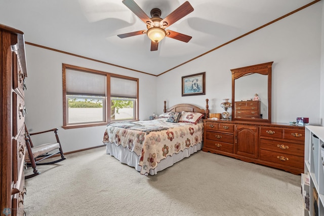 45642 Devils Lake Rd, Edna Twp, MN 56573 - bedroom featuring lofted ceiling, crown molding, light colored carpet, a ceiling fan, and baseboards