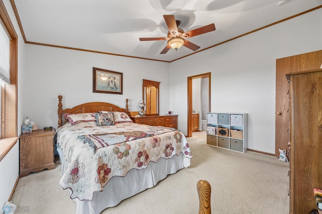 45642 Devils Lake Rd, Edna Twp, MN 56573 - bedroom with light colored carpet, crown molding, ceiling fan, and connected bathroom