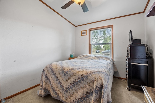 45642 Devils Lake Rd, Edna Twp, MN 56573 - carpeted bedroom with lofted ceiling, baseboards, crown molding, and a ceiling fan