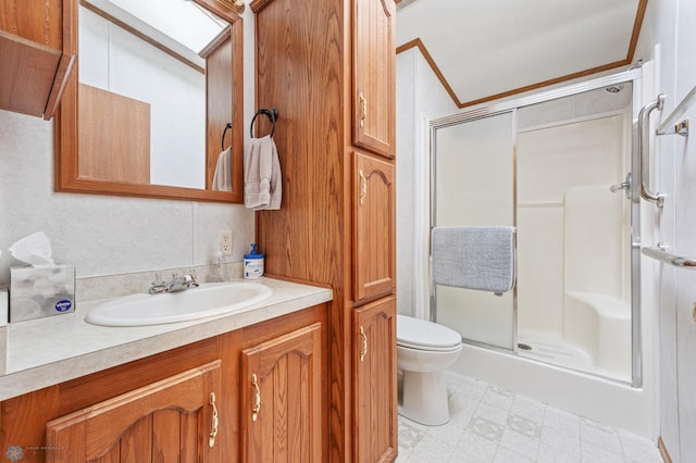 45642 Devils Lake Rd, Edna Twp, MN 56573 - full bathroom featuring a shower stall, toilet, vanity, and tile patterned floors